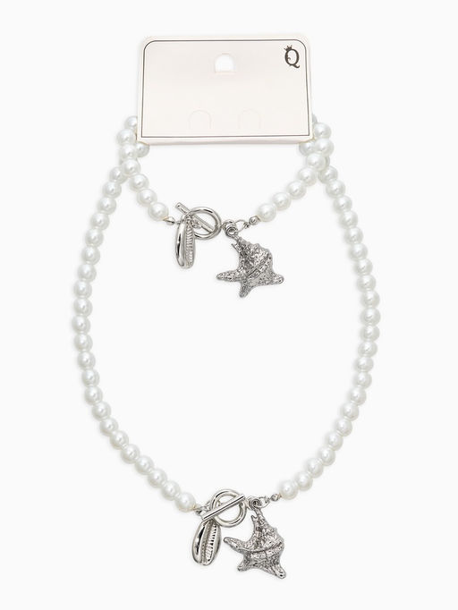 Набор 2 пред-та: бусы.браслет "Жемчуг", ракушка, цвет белый в серебре L=18/42см №8