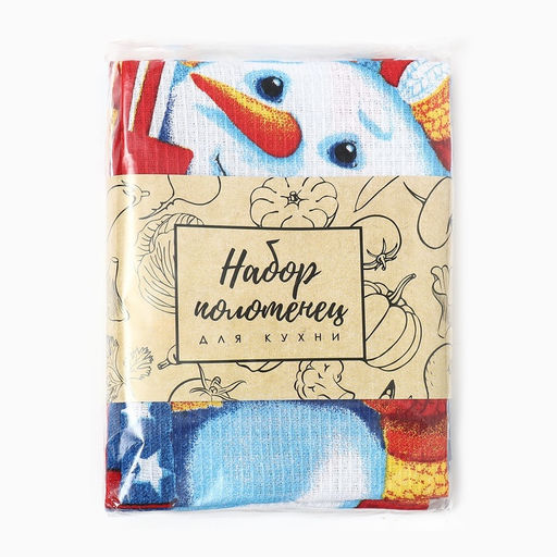 Набор новогодних полотенец Доляна Снеговик 35х60см-3штуки, 100% хлопок, вафельное полотно 162г/м2  фото 7