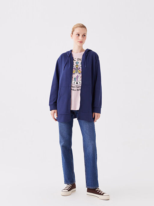 Kap??onlu D?z Oversize Kad?n Kal?n Fermuarl? Sweatshirt