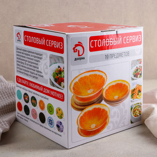 Тарелки Доляна Сладкий арбуз, 19 предметов: 6 десертных тарелок, 6 обеденных тарелок, 6 мисок, салатник, стекло, красный