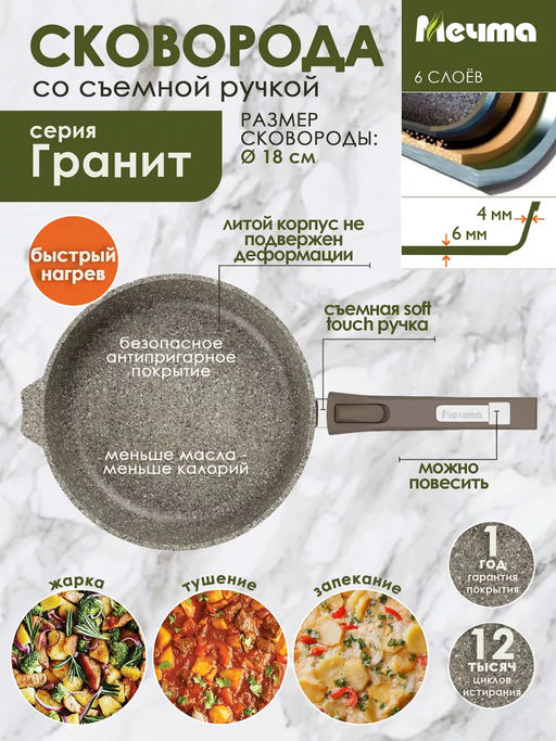 Сковорода 18см АП Premium (mokko) со съемной ручкой арт.018902 /Мечта/  фото 3