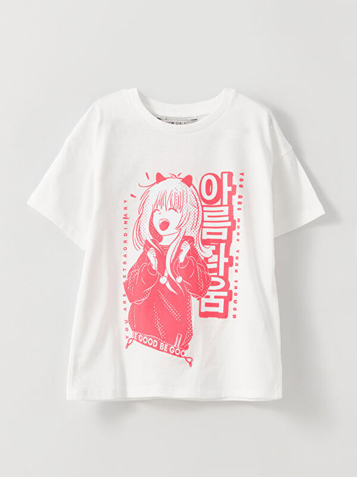 Bisiklet Yaka Bask?l? K?sa Kollu K?z ?ocuk Ti??rt