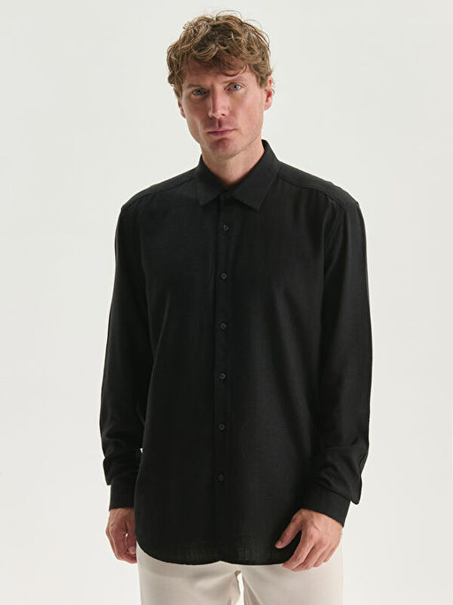 Slim Fit Uzun Kollu Keten Kar???ml? Erkek G?mlek