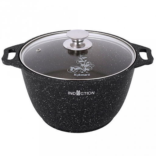 Кастрюля с антипригарным покрытием 3л, д24,5см "Мрамор темный", h12см, литая, стеклянная жаропрочная крышка, линия "Marble Induction" (Россия)