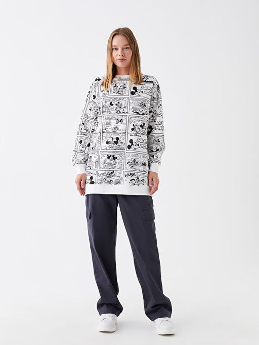 Bisiklet Yaka Mickey ve Arkada?lar? Bask?l? Uzun Kollu Oversize Kad?n Sweatshirt Tunik