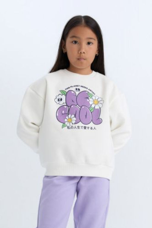 K?z Cocuk Relax Fit Bisiklet Yaka Bask?l? Sweatshirt