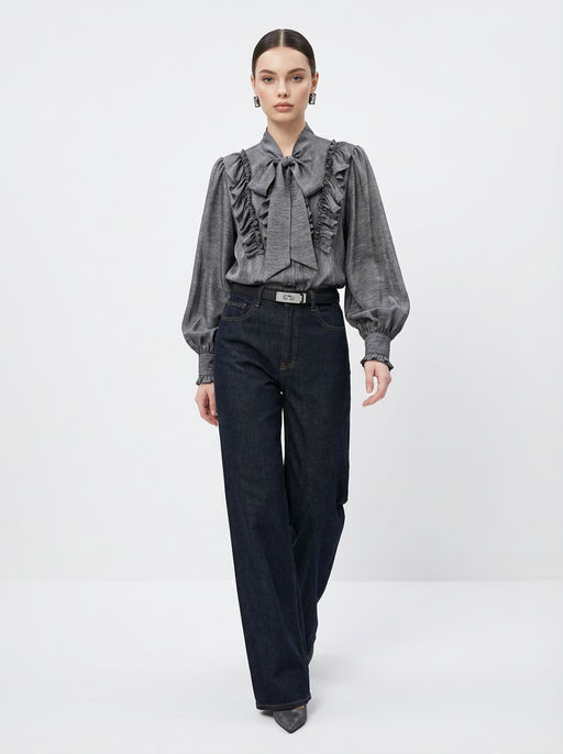 Блузка с рюшами и воротником-завязка OD-988-1 графит