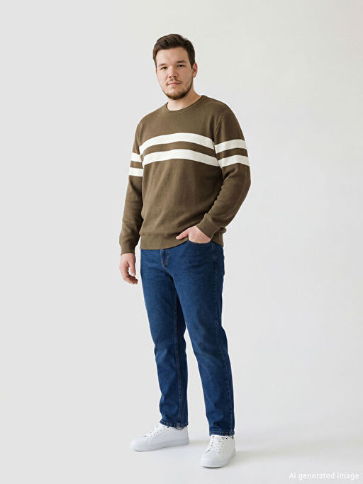 Bisiklet Yaka ?izgili Erkek Triko Kazak