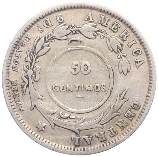 Монета 50 сентимо 1923 года надчекан на 20 сентимо 1893 года Коста-Рика