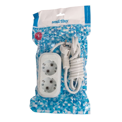 Удлинитель сетевой Smartbuy, 2 розетки, 2 м, 3500 Вт, ПВС 3×1 мм2, 16 А, с заземлением, белый