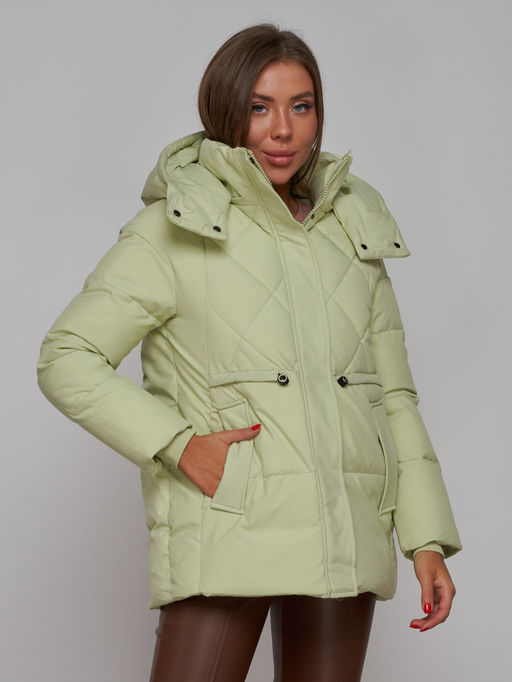 Зимняя женская куртка модная с капюшоном салатового цвета 52302Sl