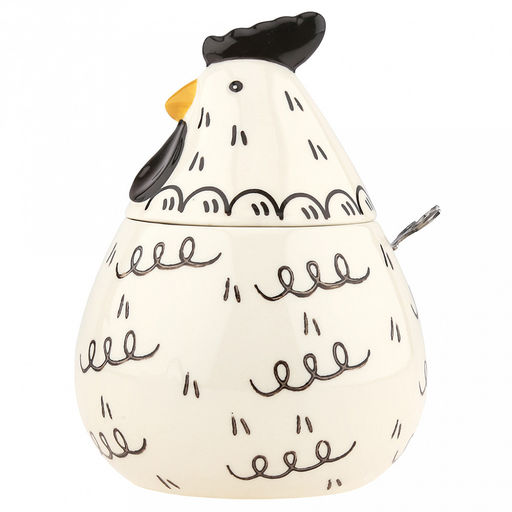 Банка для специй фарфоровая Петушок 460мл, д8-10,5см, h8,2см, с выемкой для ложки, общая h14,7см, металлическая ложка Веточка 12,3см, кремовый/черный с узором (Китай) - Домашняя мода фото 2