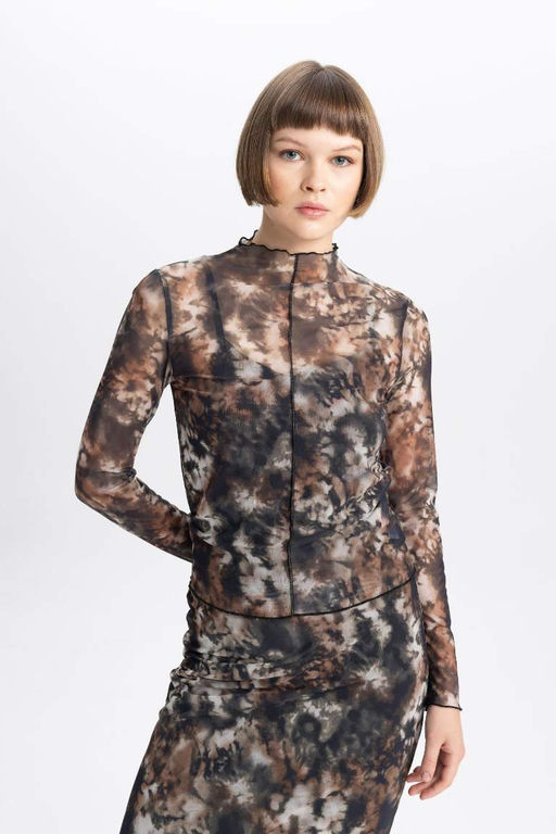 Футболка приталенного кроя с полуводолазкой и длинными рукавами из тюля - Defacto фото 4