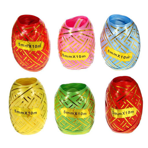 Лента упаковочная для воздушных шаров и подарков, с золотой полосой, ассорти, набор 6 шт., 0.5 см ? 10 м - UPAK LAND фото 2