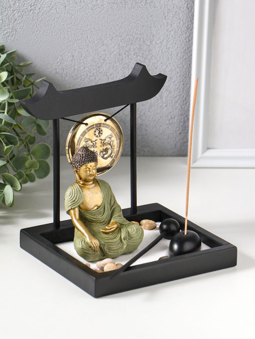 Сад Дзен "Будда в зелёном у гонга" песок+камни+аромапалочки 13,2х15х16 см