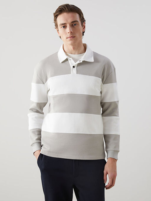 Polo Yaka Uzun Kollu ?izgili Erkek Sweatshirt