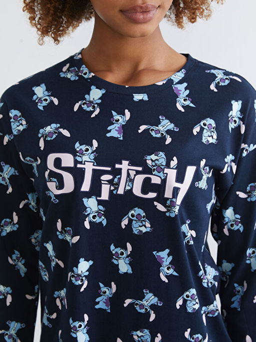 Bisiklet Yaka Stitch Bask?l? Kad?n Pijama Tak?m?