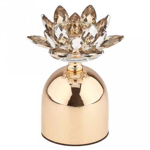 Подсвечник стеклянный "Лотос Янтарный" h14,6см, чаша д5,2см, h2см, отвинчивающаяся, нескользящее основание д8см, металлическая ножка, золотой, в коробке (Китай)