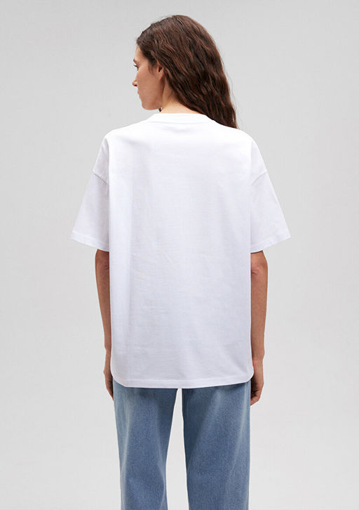 Bisiklet Yaka Basic Beyaz Tisort - Mavi фото 4