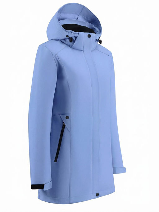 Парка женская софтшелл виндстоппер удлинённая с капюшоном голубого цвета 9614_1Gl