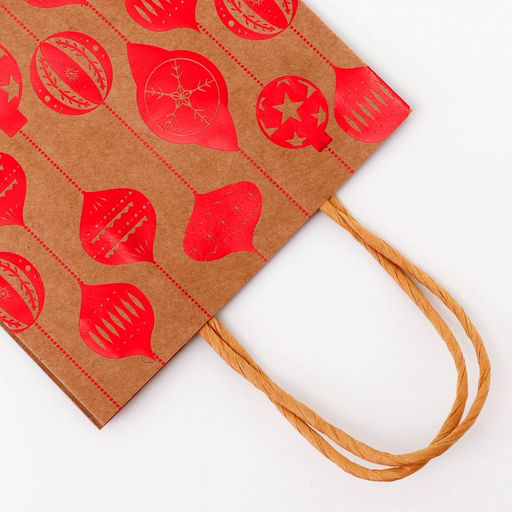 Цена за 4 шт. Пакет крафт с тиснением, круглая ручка, «Ёлочные игрушки» 15×21×8 см