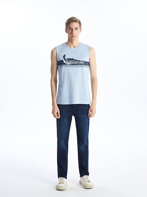 Bisiklet Yaka Bask?l? Erkek Kolsuz Ti??rt