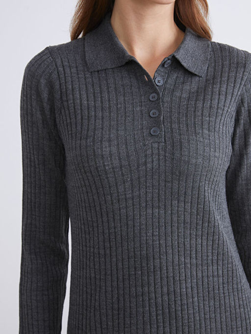 Polo Yaka Fitilli Triko Elbise