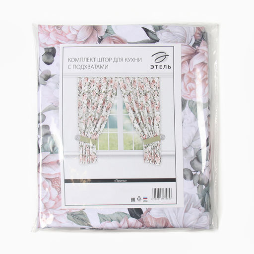 Комплект штор для кухни с подхватами Этель Пионы 145?180 см-2 шт., 100% п/э