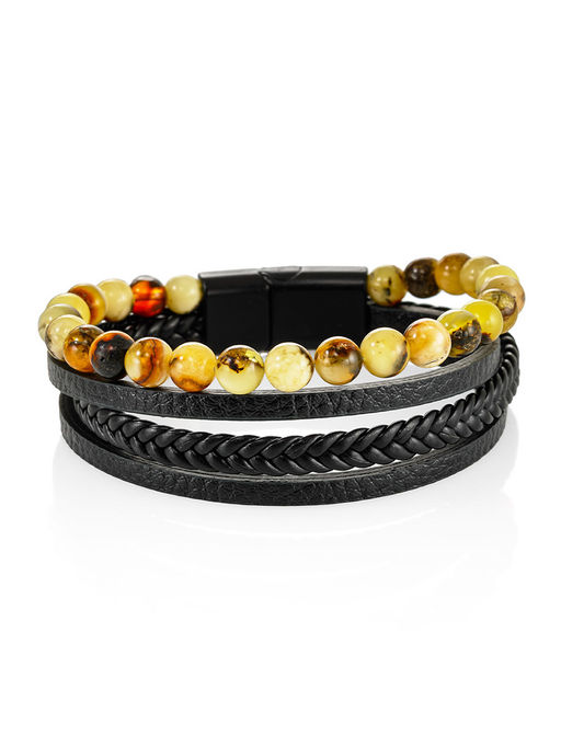 Стильный мужской браслет из кожи и янтаря Сильверстоун