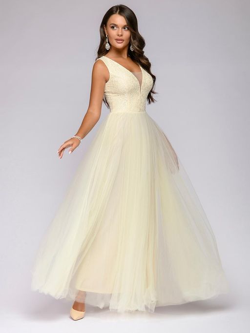 Платье белое длины макси с кружевной отделкой без рукавов - 1001dress фото 8