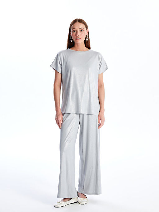 Beli Lastikli D?z Geni? Pa?a Kad?n Metalik Pantolon - Waikiki фото 2