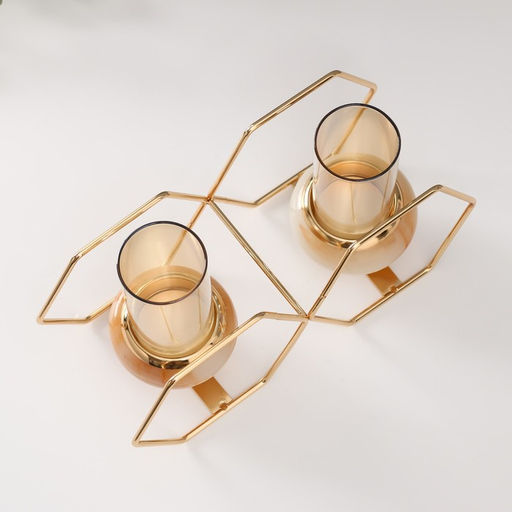 Подсвечник на 2 свечи «Шестигранники», металл, стекло, белый с золотом, 15.5×26.5×10.5 см