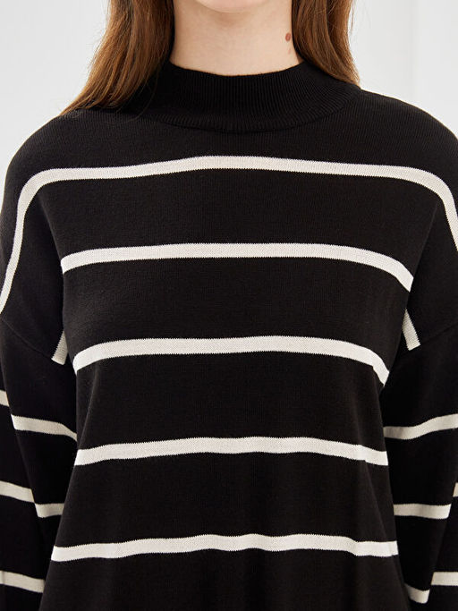 Yar?m Bal?k?? Yaka ?izgili Uzun Kollu Kad?n Triko Tunik