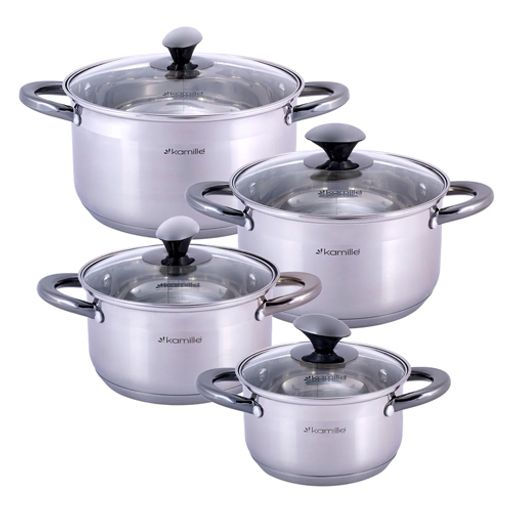 Набор кастрюль 8 предметов (1,5л, 2л, 3л, 5л; полые черные ручки) из нержавеющей стали (4927)