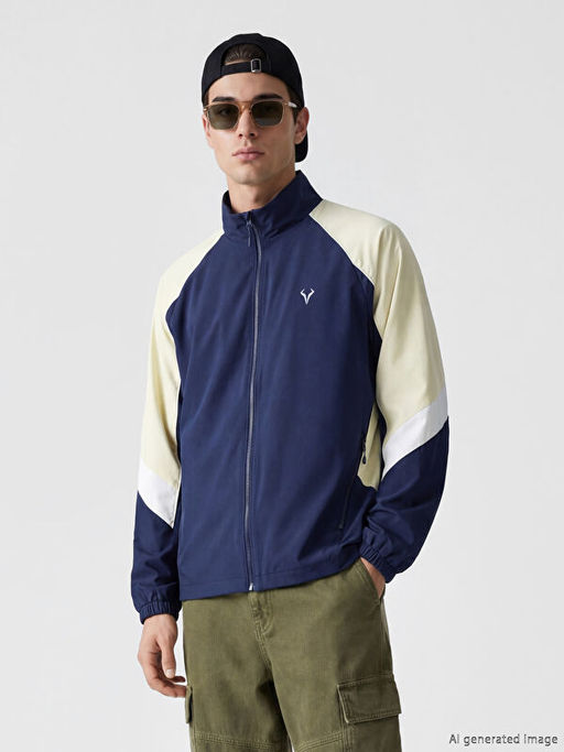 Dik Yaka Renk Bloklu Erkek Fermuarl? Sweatshirt