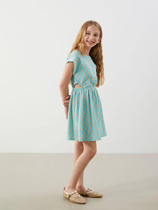 Bisiklet Yaka ?i?ekli K?z ?ocuk Elbise