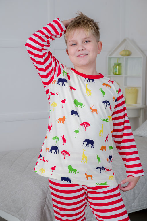 Пижама детская из джемпера и брюк без манжет из интерлока Сафари красный полоса - Амадэль фото 15