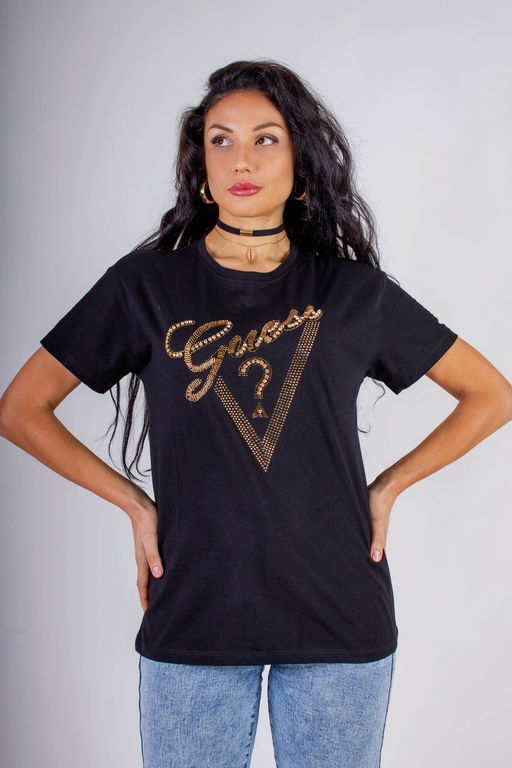 Футболка "Guess" с треугольником стразы, камешки, бусины