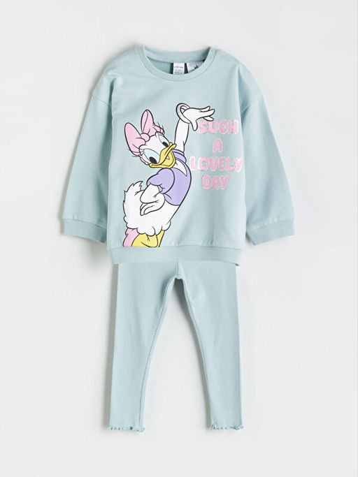 Bisiklet Yaka Uzun Kollu Daisy Duck Bask?l? K?z Bebek Sweatshirt ve Tayt 2li