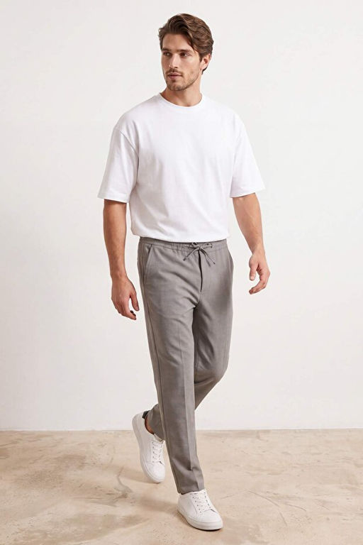 Gri Dar Kal_p/Straight Fit Dokulu Beli Lastikli Boru Pa_a Erkek Dokuma Pantolon TMNSS26PL00016