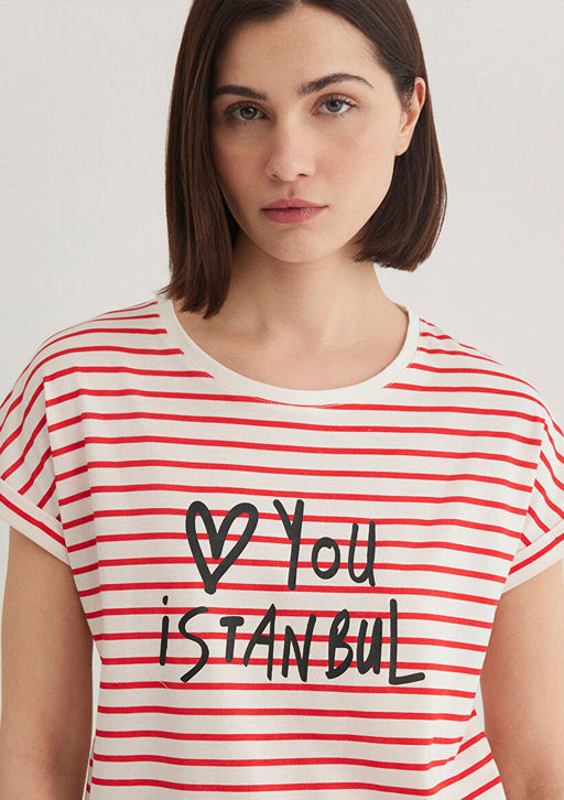 Love You Bask?l? Cizgili Istanbul Tisort - Mavi фото 6
