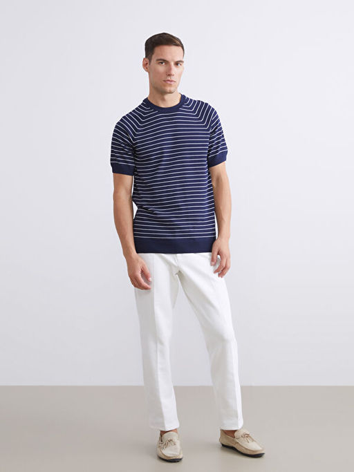 Bisiklet Yaka K?sa Kollu ?izgili Erkek Triko Kazak