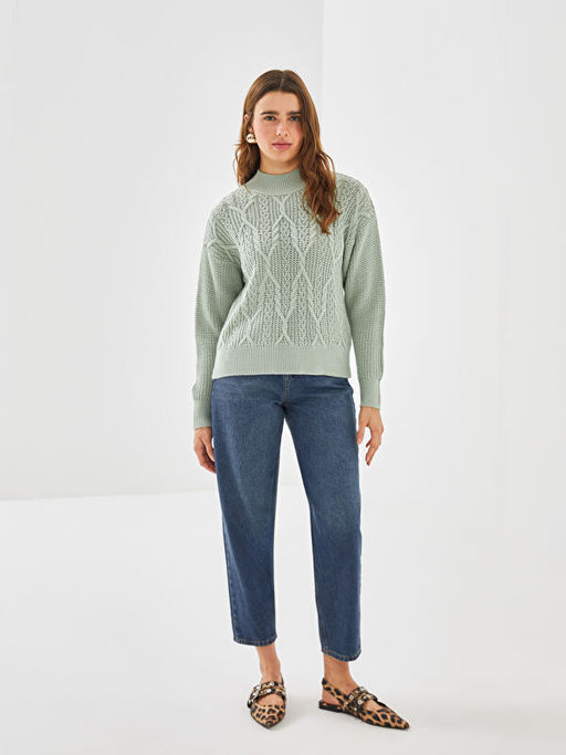 Bisiklet Yaka Kendinden Desenli Uzun Kollu Kad?n Triko Kazak