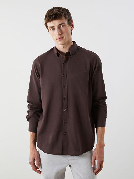 Regular Fit Uzun Kollu Keten Kar???ml? Erkek G?mlek