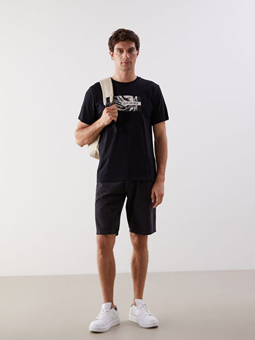 Bisiklet Yaka K?sa Kollu Bask?l? Penye Erkek Ti??rt