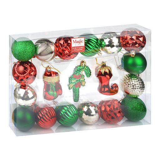 Новогоднее подвесное украшение из полистирола в ассортименте, набор из 19 штук (шар: 7 см - 3 шт, 6 см - 16 шт) / 5,8x23,2x34,8см.