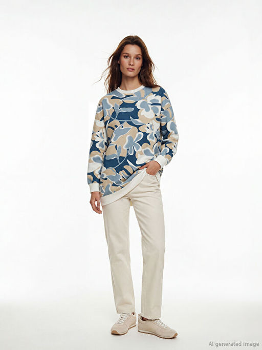 Bisiklet Yaka Desenli Kad?n Sweatshirt Tunik