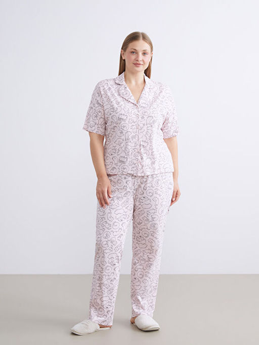 G?mlek Yaka Bask?l? Kad?n Pijama Tak?m?