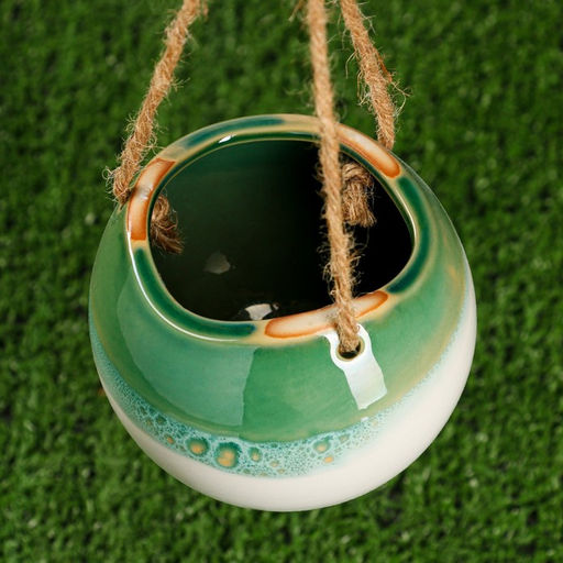 Кашпо для цветов «Круглое», 11×11×9 см, керамика, подвесное, зелёное, белое