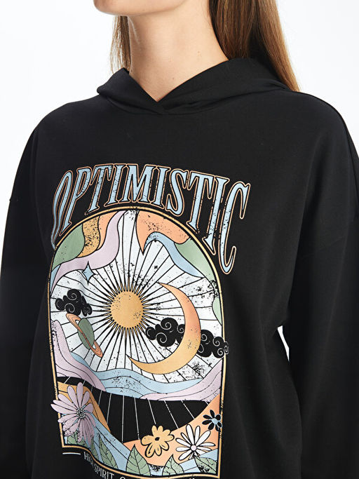 Bask?l? Uzun Kollu Oversize Kad?n Kal?n Hoodie